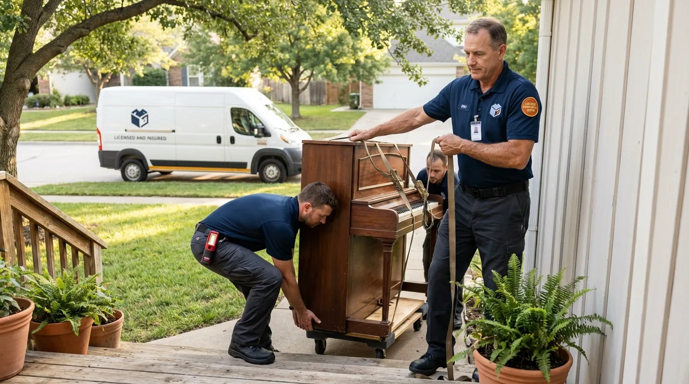 Licensed piano movers securing grand piano in Fords, NJ