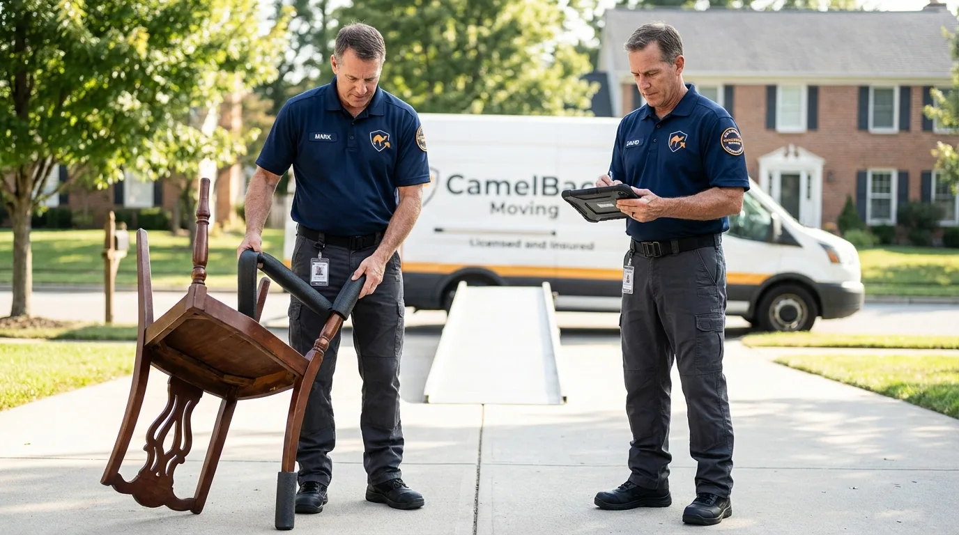 Movers inspecting furniture for damage prevention before loading in Fords, NJ