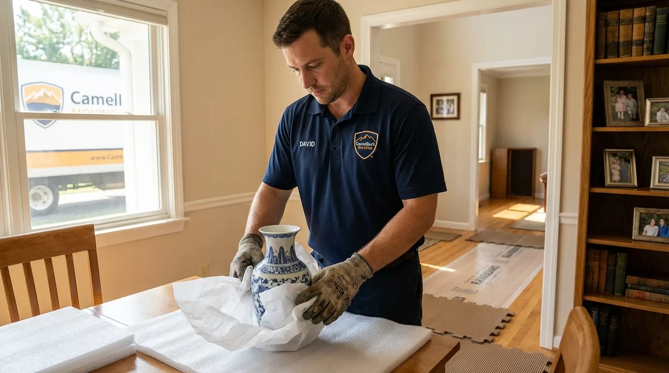 Professional crew carefully wrapping antique vase for senior downsizing move in Fords, NJ