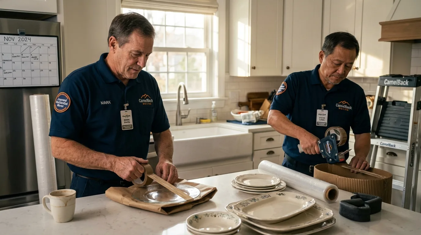 Professional crew packing kitchen dishware in Fords, NJ